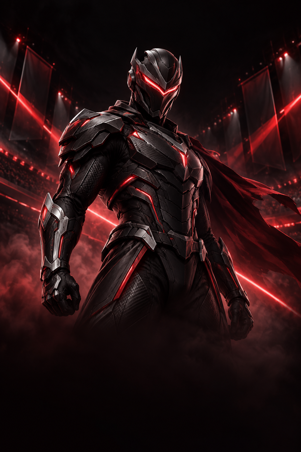 Karakter gaming futuristis berarmor hitam dengan aksen merah di arena